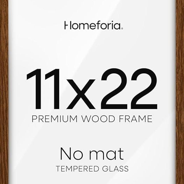 Homeforia 11x22 Newspaper Frame Brown, High End Dark Oak 11 x 22 Picture Frame Wood without Mat, 22x11 Wooden Walnut Poster Frames for Wall, 11 by 22 Display Frames, Tempered Glass, Wall Kit, Set of 1