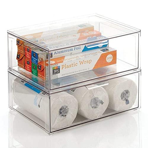 mDesign Plastic Stackable Kitchen Storage Box with Pull-Out Drawer - Container for Kitchen, Pantry, Cabinet, Fridge/Freezer - Organizing Snacks, Produce, Vegetables, Pasta Food - 2 Pack - Clear