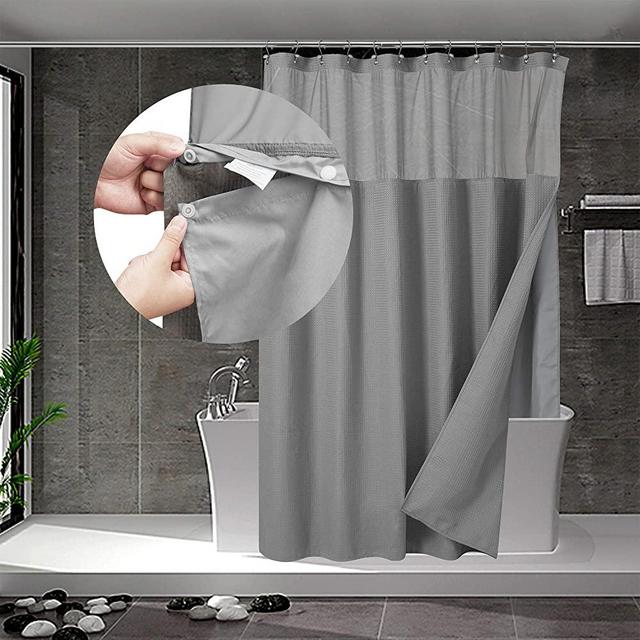 Long Waffle Weave Shower Curtain with Snap-in Fabric Liner and 12 Hooks Set - 71" x 78", Hotel Style & Mesh Top Window, Machine Washable, Water Repellent - 71x78, Gray