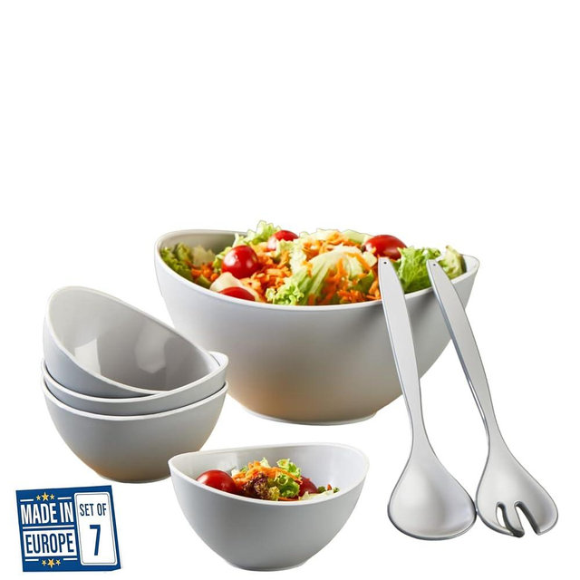AVC HOME Salad Bowls-10'' Inches Large Plastic Salad and Serving Bowls Set- 100 oz Big Salad Bowl, 4 Serving Bowls with Serving Spoon and Fork-Ideal for Fruits, Salad,Cereal,Oatmeal,Soup-set of 7