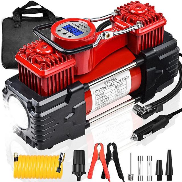 MESHUBA Tire Inflator Air Compressor Portable Digital Tire Pump 12V DC 150PSI Heavy Double Duty Air Pump with Auto Shut-Off, LED Light for Auto,Car,Bicycles,SUV,Balls and Other Inflatables (Red)