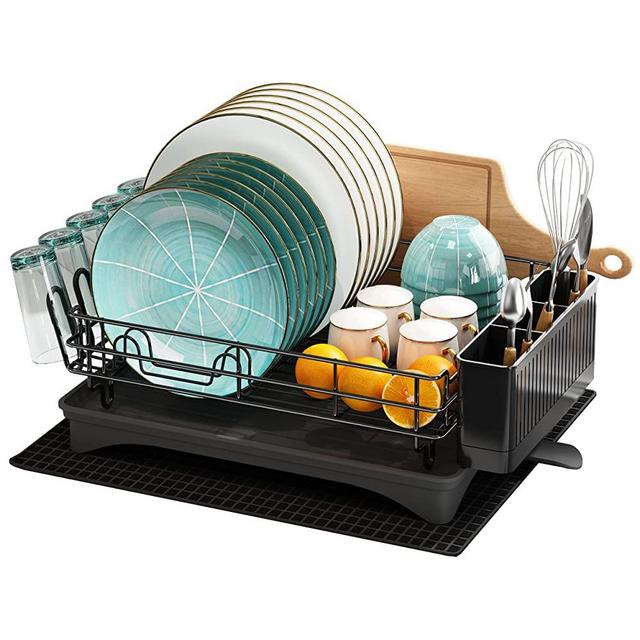 MAJALiS Dish Drying Rack with Drainboard Set, Large Dish Drainers for Kitchen Counter, Rust-Proof Drying Rack with Utensil Holder and Dryer Mat, Kitchen Dish Strainer Rack (Black - One Tier)