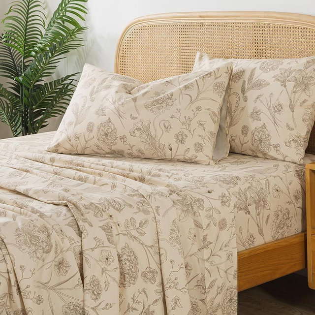 Zusbest Queen Sheet Set 100% Percale Cotton Beige Floral Bed Sheet Set, Brushed for Extra Softness, Breathable Luxury Toile Flannel Sheets Like Khaki Flower Print Deep Pocket Sheets 17.5'' 4 Pcs