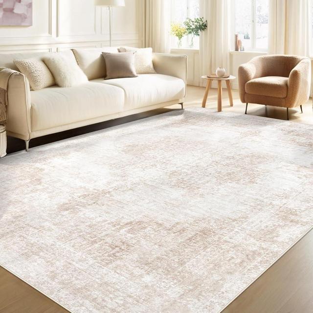 Area Rug 6x9 Vintage Rug: Washable Living Room Rug Retro Medallion Distressed Large Rug Soft Low Pile Non-Slip Rugs Indoor Floor Carpet for Bedroom Kitchen Nursery Dining Table Office (Beige/Brown)