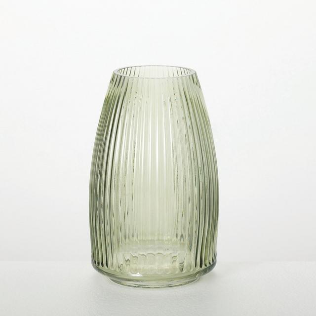 Sullivans 8" Ribbed Green Glass Vase