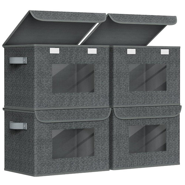 Univivi Fabric Foldable Storage Boxes with Lids [4-Pack] Large Stackable Storage Bins, Closet Organizers and Storage Cube Storage Organizer for Home, Office, Bedroom (Black, 17“ x 12” x 12")