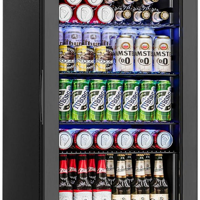 Feelfunn Beverage Refrigerator and Cooler - 126 Can Mini Fridge Glass Door for Soda Beer Wine - Freestanding Beverage Fridge for Bedroom Office Bar, 4 Adjustable Shelves, 3.2 Cu.Ft, Black