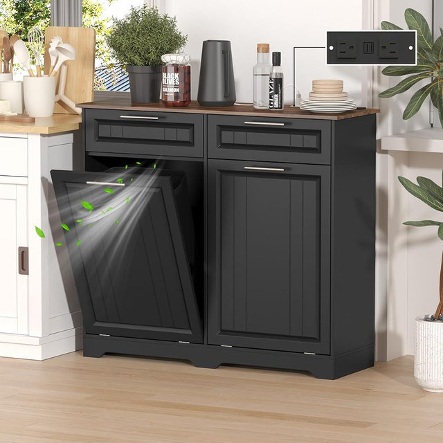 METOTI Double Tilt Out Trash Can Cabinet with Deodorizing Function & Charging Station, 2 x 10 Gallon Hidden Laundry Hamper Cabinet with Storage Drawers, Garbage Can Holder for Kitchen, Bathroom, Black