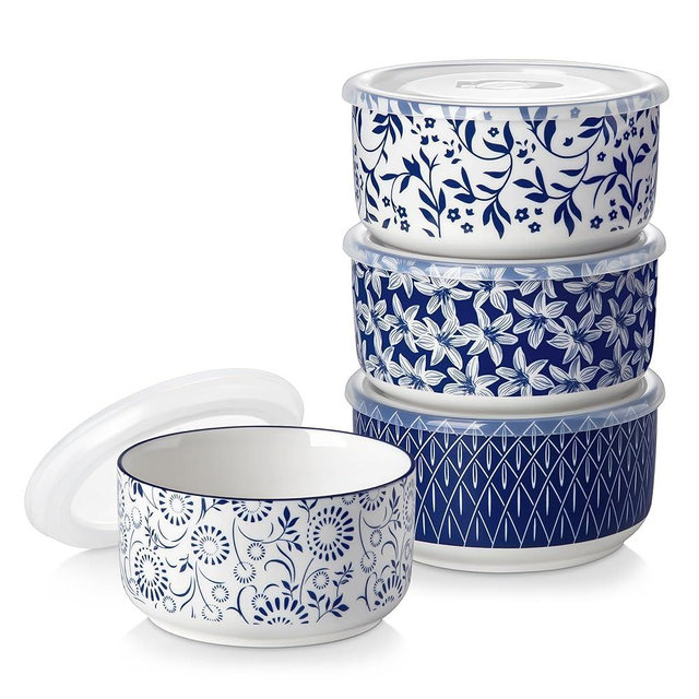 vancasso 36 Oz Ceramic Serving Bowls with Lids Set of 4, Porcelain Lunch Bowls with Lids for Food Storage, Prep Bowl for Kitchen, Microwave & Dishwasher Safe,Series SELENE