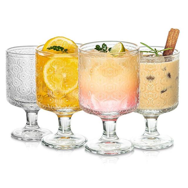 Vintage Romantic Wine Glasses Set of 4, Charming Embossed Floral Decorative Glass Cups Set, Mixed Drink Glasses, for Bars, Restaurants, Party, and Elegant Dinners, 8 oz Goblet Glasses