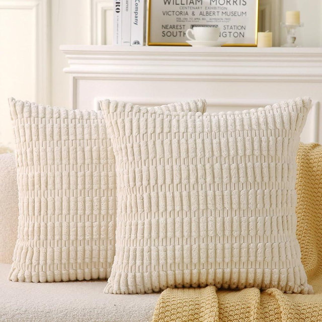 WHATWEARS 2 Pack Corduroy Decorative Throw Pillow with Inserts, 20x20 Inch Soft Boho Throw Pillow, Square Striped Throw Pillows for Couch, Bed, Sofa Decor (Beige)