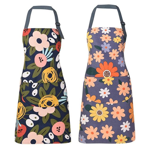 ARBINSON 2 Pack Floral Apron for Women with Pockets, Adjustable Cotton Chef Aprons for Kitchen, Cooking, BBQ & Grill