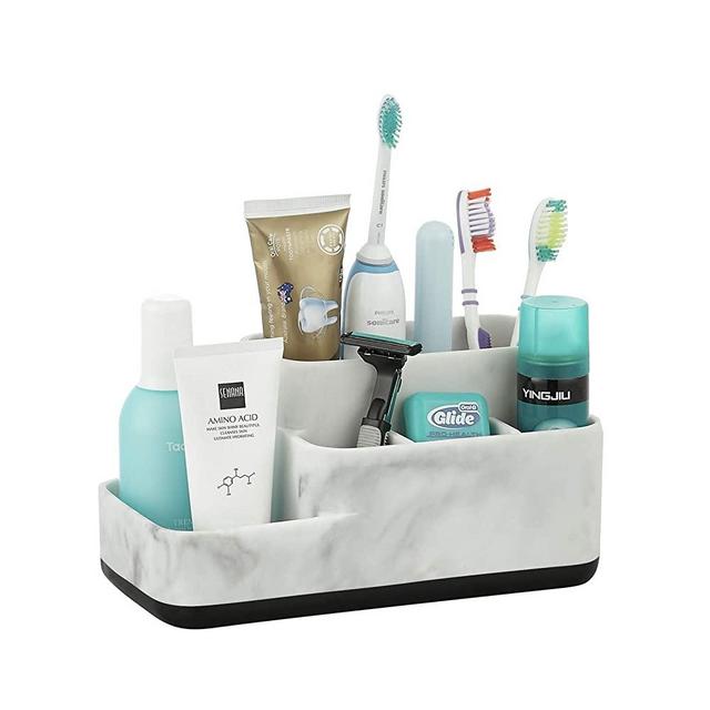 ZCCZ Bathroom Trays Storage Organizer Caddy Countertop, Toothbrush Holder Stand Makeup Brush Holder for Bathroom Vanity Bedroom, White Marble Look