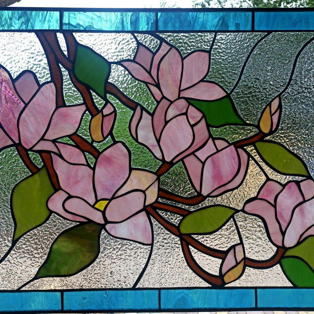 pink magnolia stained glass panel gifts Custom stained glass panel pink flowers window hangings Stained glass suncatchers ukraine