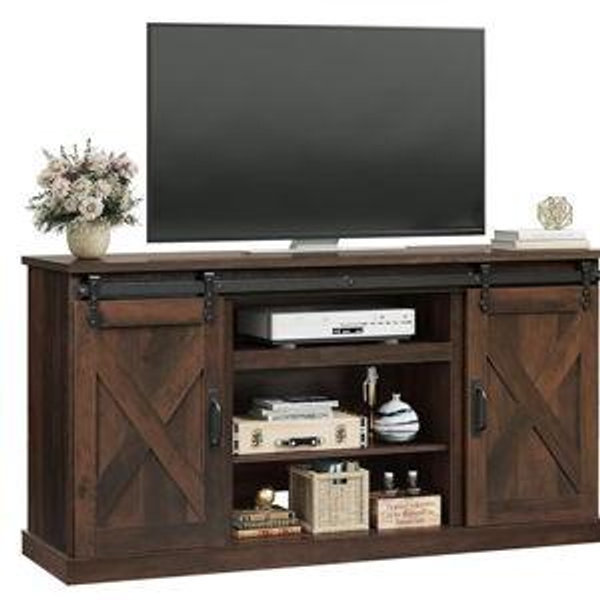 WLIVE Farmhouse TV Stand for TVs up to 65", Modern Media TV Console with Sliding X-Shaped Barn Doors, Entertainment Center with Storage Cabinets for Living Room, Brown