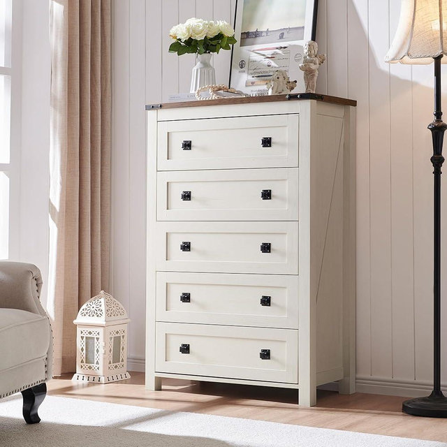 RedLemon Farmhouse 5 Drawer Dresser, 48" Tall Rustic Chest of Drawers, Wood Dresser for Bedroom, Living Room, Hallway, Antique White