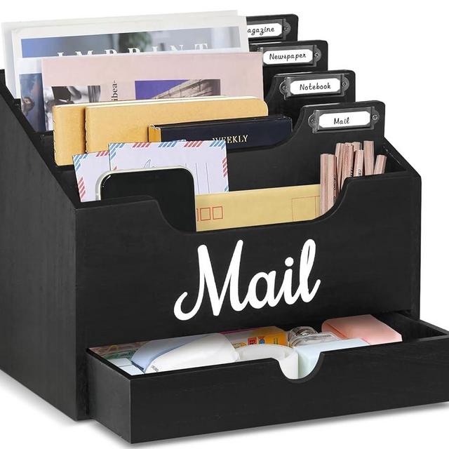 Desktop Mail Organizer with 4 Large Compartments and Drawer, Wood Mail Holder Sorter Organizer Holder,Countertop Desk Office Accessories Organizer for File Letter Paper Folder, Desk Drawer Organizer