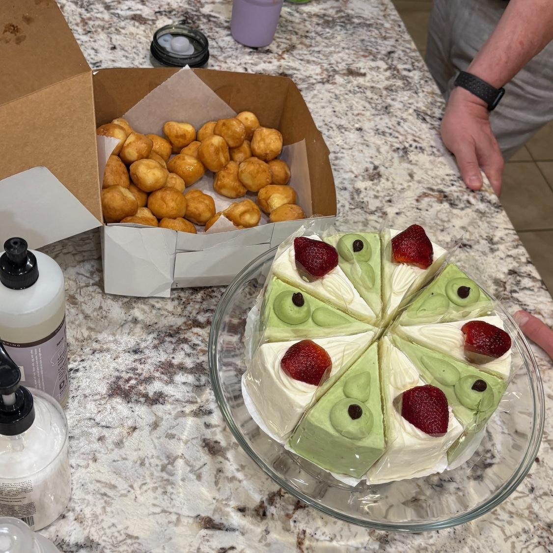 As indecisive people, we had to order individual slices for the cake from a local Japanese bakery (green tea and strawberry) to go alongside our other assorted sweets