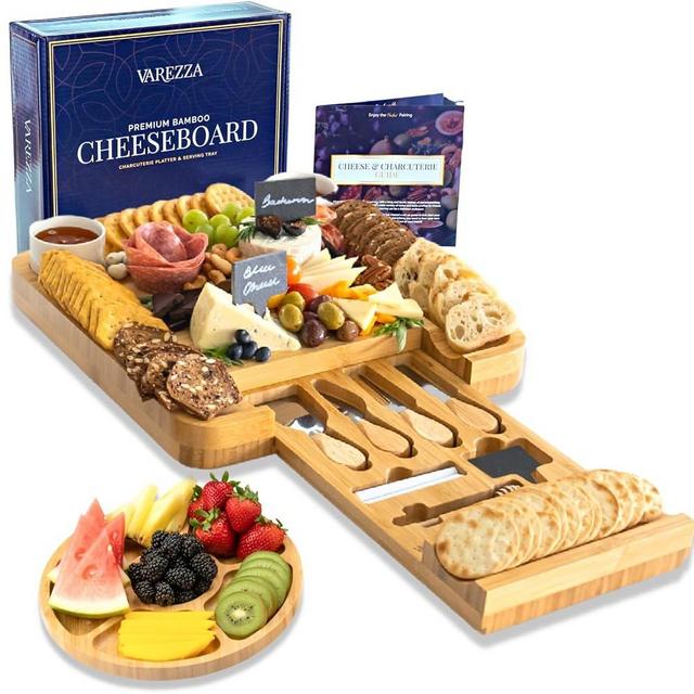 VAREZZA Extra Large Charcuterie Boards Set: Bamboo Cheese Board and Knife Set - Cheese Tray, Round Bamboo Fruit Cheese Platter, 10 Charcuterie Boards Accessories, House Warming Gifts New Home - Unique