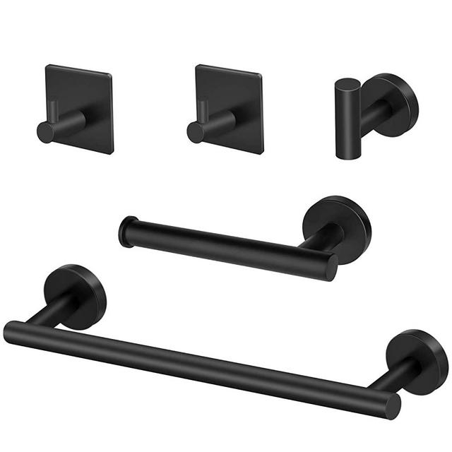 Bathroom Towel Rack Set 5-Pieces, 16'' Matte Black Bathroom Hardware Accessories Set SUS304 Stainless Steel Wall Mounted, Includes 16 Inch Bath Towel Holder, Toilet Paper Holder, 3 Robe Towel Hooks