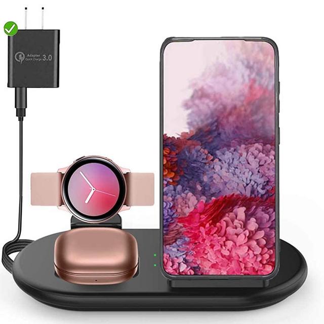 Wireless Charging Station, 3 in 1 Wireless Fast Charger Stand Compatible with Samsung Galaxy S20/S10/S9/S8, Galaxy Watch/Buds/Active, 10W Charging Dock for Phone SE/12/11/XS/X/Air Pods (Black)