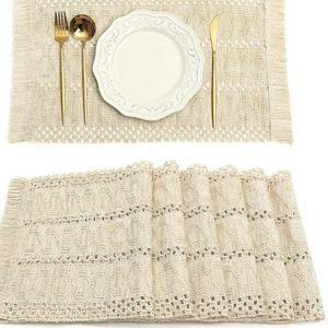 FEXIA Boho Placemats Set of 6, Macrame Table Decor and Farmhouse Style Placemats Natural Cotton Burlap, for Dining Table, Beige