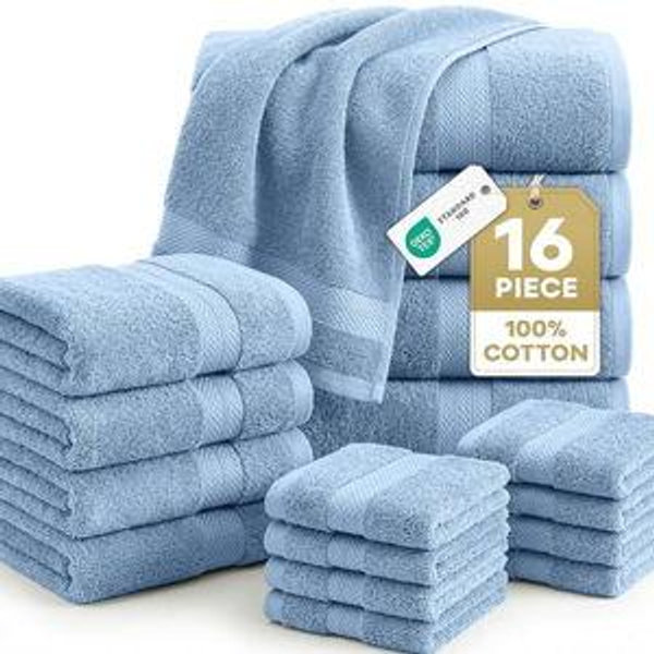 LANE LINEN 100% Cotton Premium Bathroom Towels Set - 16 Pieces - Ring Spun, Quick Dry, Super Soft & Highly Absorbent - 4 Bath, 8 Washcloths, 4 Hand Towels for Bathroom - Pre Shrunk - Cerulean Blue