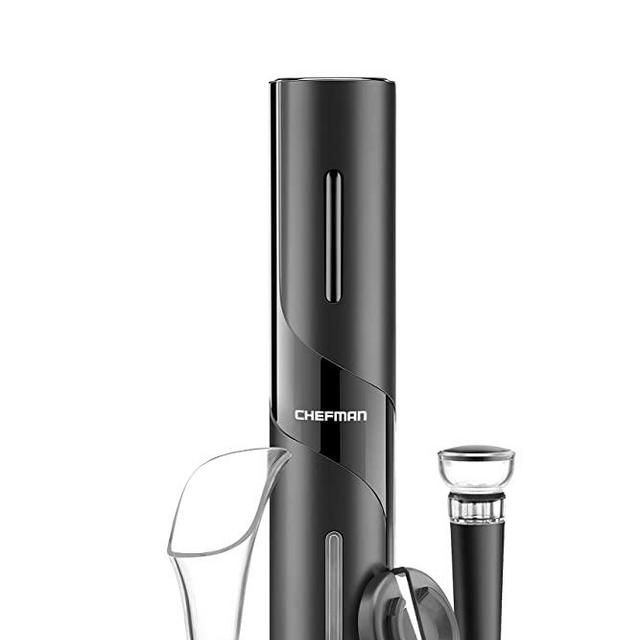 Chefman Electric Wine Opener Makes Opening Bottles Fast, Foolproof, And Fun! Black, Battery-Operated 4-Piece Corkscrew Set Comes With A Foil Cutter, Pourer, And Vacuum Stopper