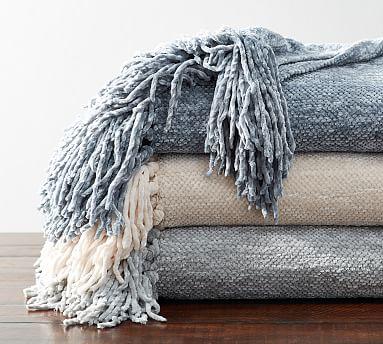 Chenille Hand-Knotted Fringe Throw - Chateau Blue