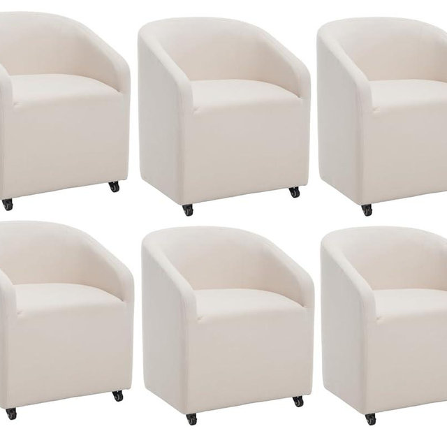 CIMOTA Linen Beige Barrel Dining Chairs with Wheels, Set of 6 — Modern Upholstered Swivel Dining Room Chairs on Casters for Kitchen or Living Room