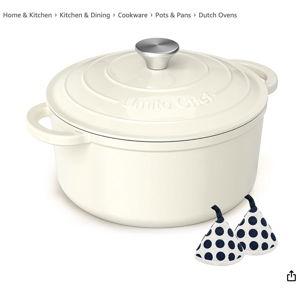 Enameled Cast Iron Dutch Oven - Umite Chef 5QT Pot with Lid & Cotton Potholders - Heavy-Duty Cookware for Bread Baking, Braising, Stews, Roasting(Cream White)