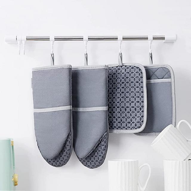 Oven Mitts and Pot Holders Set - 4pcs Long Cotton Puppet Oven Gloves & Hot Pads with Non-Slip Silicone Grip Heat Resistant 455 °F /235 °C for Kitchen Baking Cooking Grilling Machine Washable-Grey