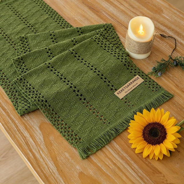 Keketoarrange Boho Sage Green Table Runner for Summer Home Decorations 12x60 Inches Farmhouse Small Macrame Woven Burlap Rustic Coffee Dresser Scarf Dining Kitchen Centerpiece Bohemian Decor