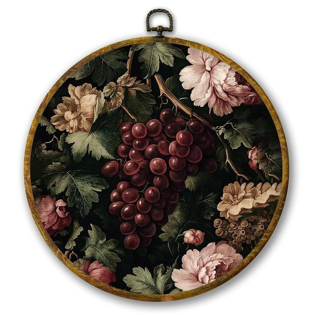 Mcehtle Moody Grapes Botanical Kitchen Wall Art Decor, Floral Fruit Cottagecore Country Framed Canvas Prints 10x10, Dark Aesthetic Round Wall Hanging Artwork Decorations for Kitchen Dining Room