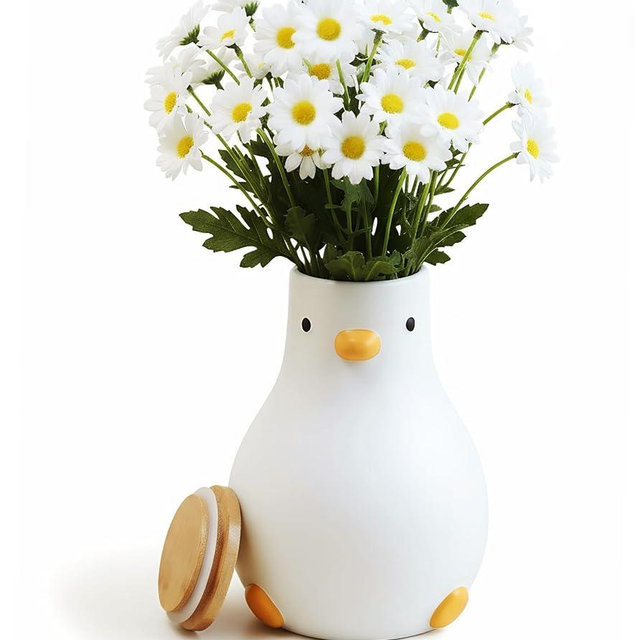 PURROOM 8" Cute Duck Vase, 58 oz Storage Canisters Jar with Wooden Lid for Kitchen Counter Decor, White Ceramic Modern Flower Vase for Home Office Shelf Decoration.
