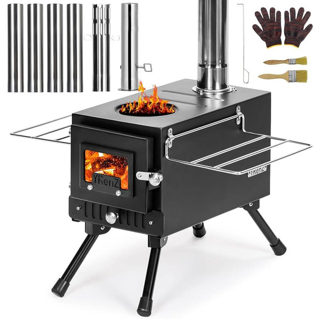YRenZ Upgraded Hot Tent Stove – High-Temperature Wood Burning with 7-Section Roll-Edge Chimney, Reinforced Door Frame, Airtight Body & Tempered Glass – Portable for Camping, Ice Fishing, Hunting