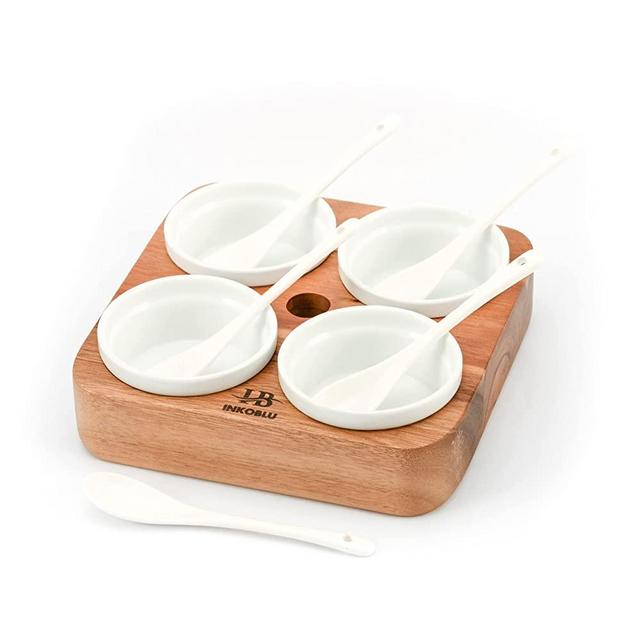 INKOBLU Dipping Bowls with Tray & Spoons Set 4Pcs 2.7oz Ceramic Small Bowl for Snack Serving Condiment Side Dishes Finger Food Dessert Prep - Acacia Wooden Board Cocktail Stick Holder, Brown, 18x18