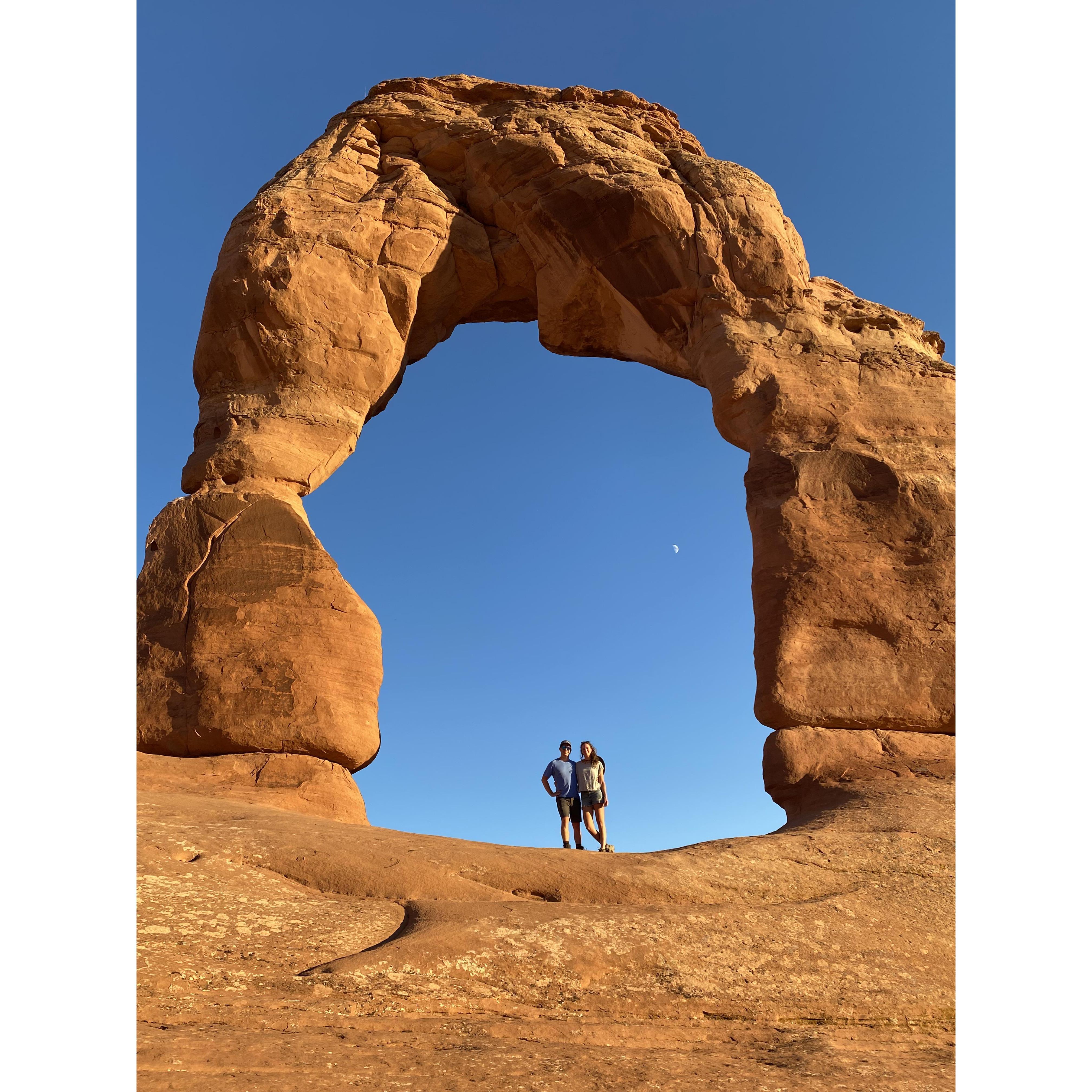 Under the Delicate Arch in Utah. Credit Michelle's father with the steady hand and catching the moon in the background.