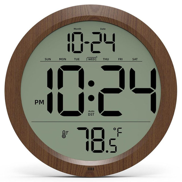 Digital Wall Clock Battery-Operated, 8 Inch Small Decorative Modern Wood Wall Clock with Date, Temperature, Auto-DST, Silent Electric Wall Clock for Bedroom, Living Room, Kitchen, Office, Farmhouse