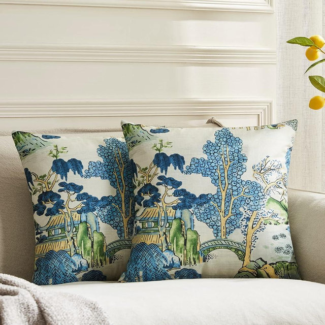 BLESFEST Pack of 2, Chinoiserie Pillow Cover 18 x 18 Inch Asian Scenic Blue and Green Throw Pillow Covers Linen Farmhouse Tree Leaves Pillow Case Cushion Covers for Sofa Couch Living Room