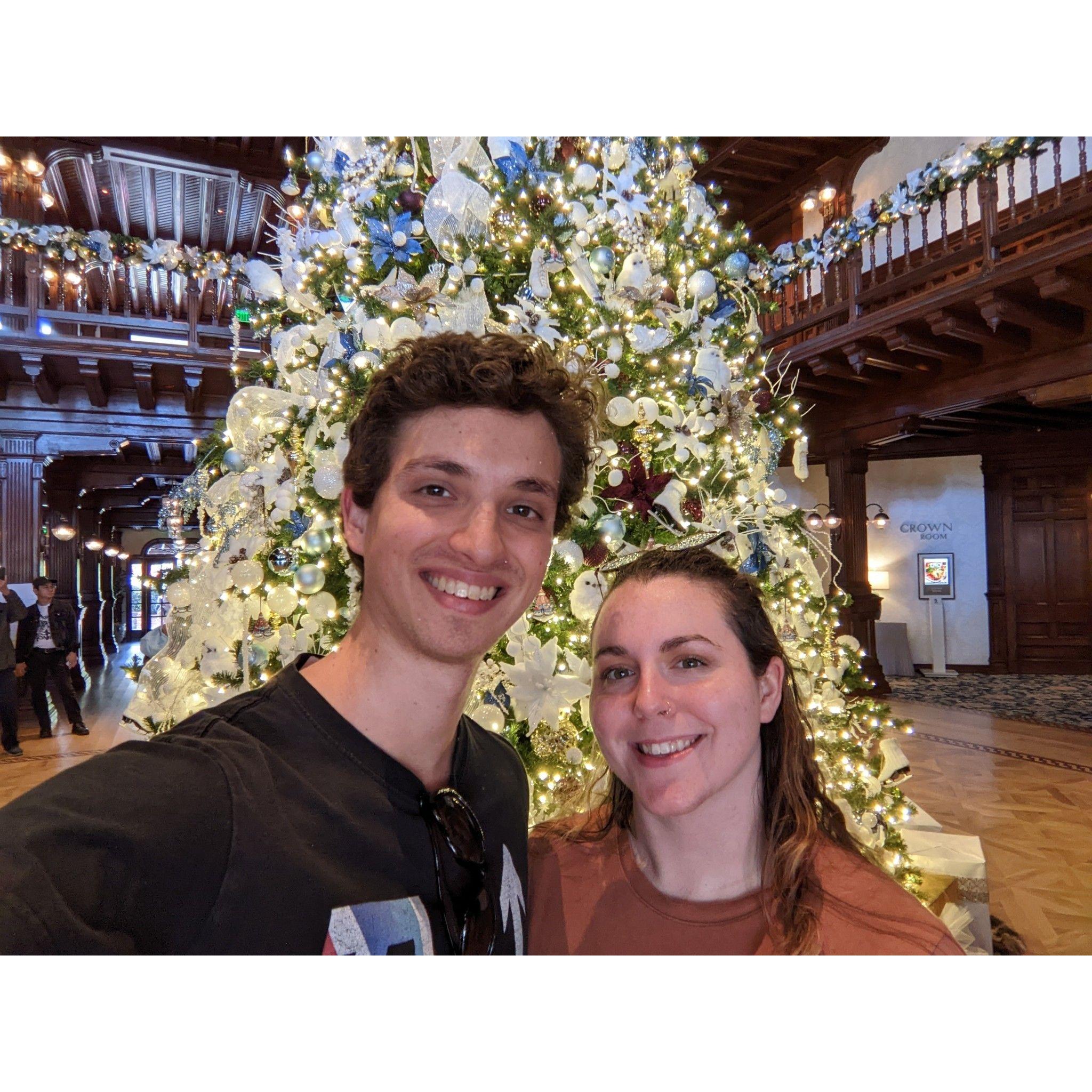 Posing in front of the Christmas Tree at the Hotel Del Coronado