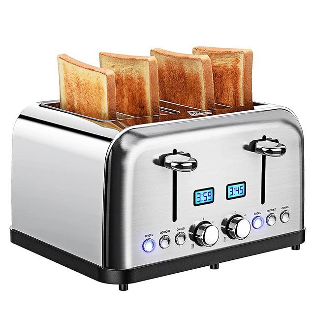 Toaster 4 Slice, Stainless Steel Toaster with LCD Digital Timer, Dual Control, 6 Shade Settings, 1.5 Inch Extra Wide Slot, Bagel/Defrost/Reheat/Cancel