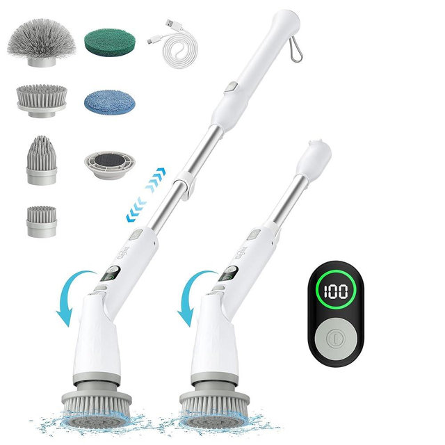Cleenit Cordless Electric Spin Scrubber, 2-Speed Power Brush for Cleaning with Swivel Head, IPX7 Waterproof Electric Bathroom Scrubber with LCD Display and 6-in-1 Shower Cleaning Brush Set