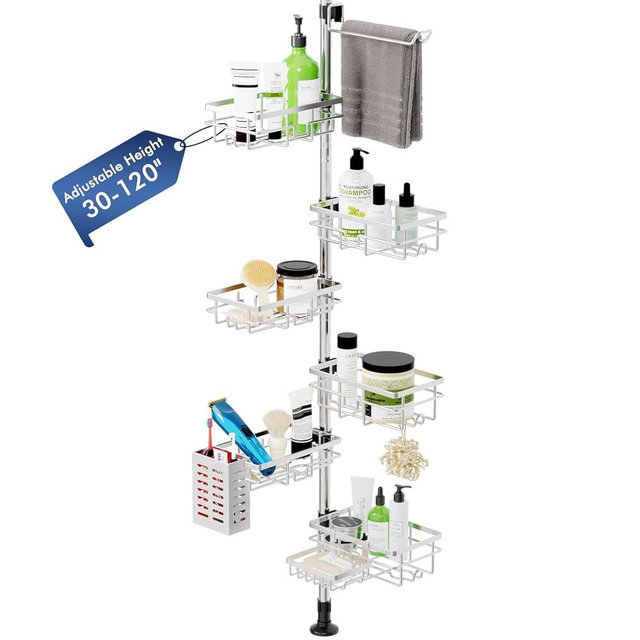 Vatex Shower Caddy Corner Tension Pole, Stainless Steel Rustproof 6 Shelves Bathroom Organizer with Towel Bar & Toothbrush Holder, Adjustable Shower Shelf for Renters - Family Stand Storage Rack