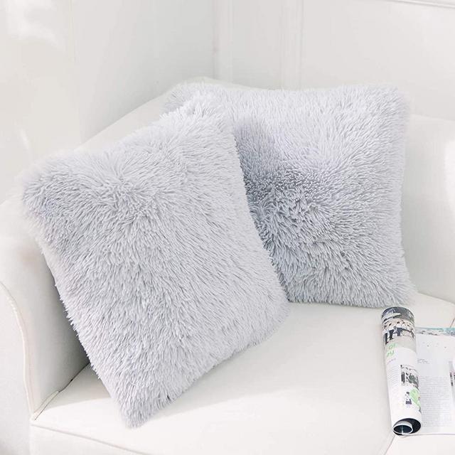 NordECO HOME Luxury Soft Faux Fur Fleece Cushion Cover Pillowcase Decorative Throw Pillows Covers, No Pillow Insert, 22" x 22" Inch, Light Grey, 2 Pack