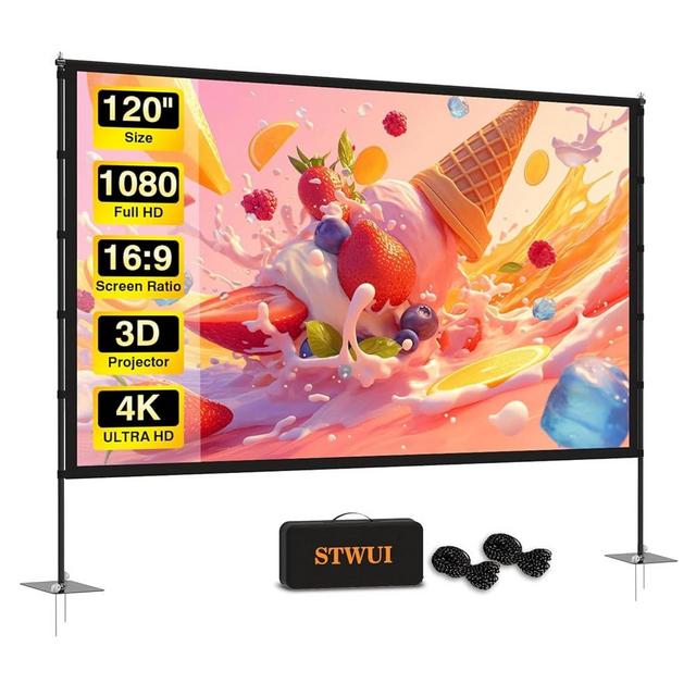Outdoor-Projector-Screen-with-Stand - 120 inch Portable Projector Screen Indoor Outdoor Projection Screen 16:9 4K HD Lightweight Movie Screen with Carry Bag for Backyard Movie Night