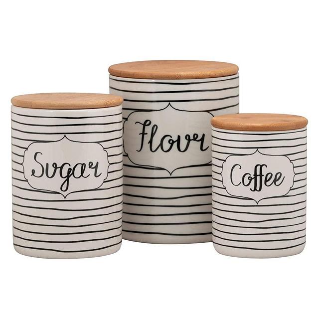 10 Strawberry Street Everyday Coffee, Sugar, Flour Kitchen Canister Set, 3 Piece, Black/White