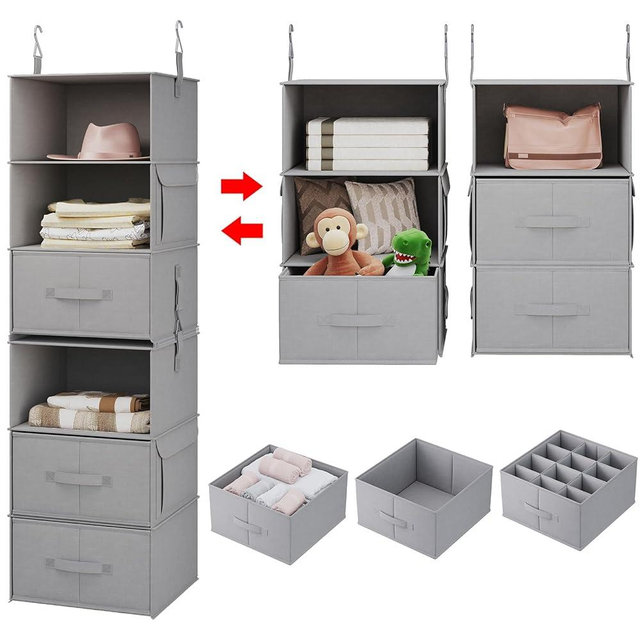 Vailando 6-Tier Hanging Shelves for Closet, Two 3-Shelf Hanging Closet Organizer w/ 4 Side Pockets and 3 Drawers, Combinable for Dorm Wardrobe Organizer and RV Storage and Organization