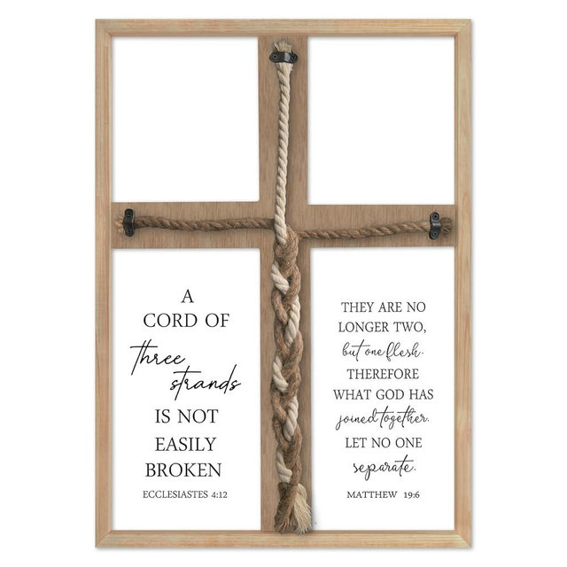 ZZJJHYWGQ A Cord of Three Strands Wedding Ceremony Unity Wall Decor Art 22"X16" Cross Braid Scripture Ecclesiastes 4:12 Sign for Couple Anniversary Christian Love Quotes Catholic Marriage (Wood)