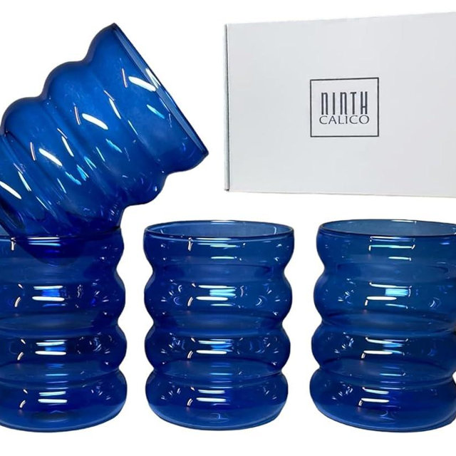 Ninth Calico Blue Bubble Glasses Set of 4 - Wavy Rippled Glassware for Cocktails, Iced Coffee, Espresso, Water, and Soda - Soothing Blue Hue, Durable, Lead-Free, Dishwasher-Safe Drinkware